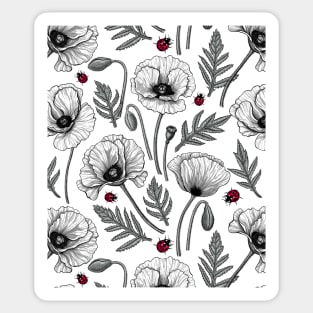 White poppies and ladybugs Sticker